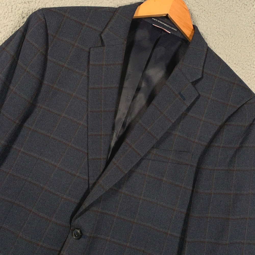Tommy Hilfiger Modern Fit Blazer Mens 44R Navy Blue Windowpane Plaid Two Button